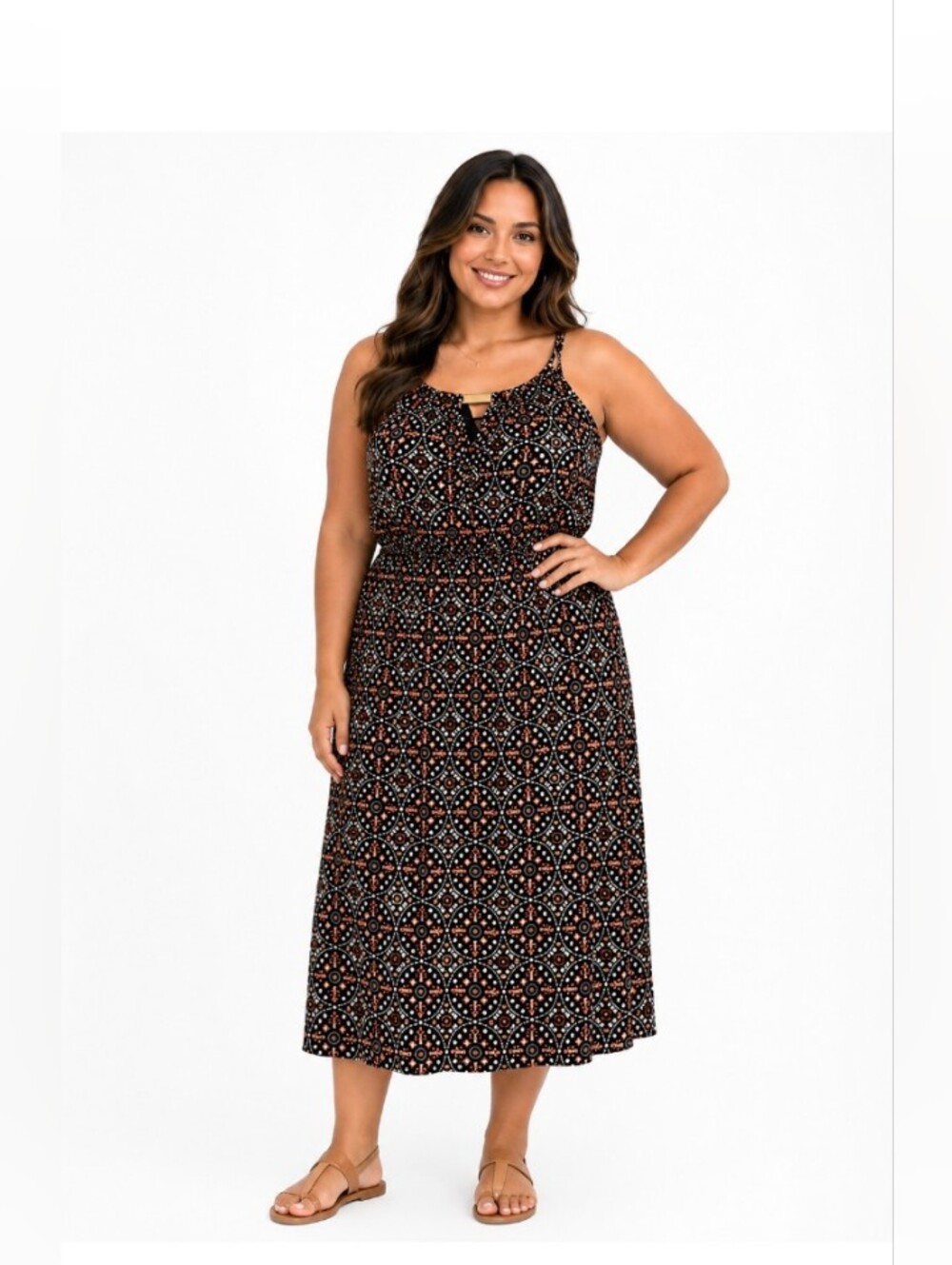 MK Plus-Size Black Printed Midi Dress with Straps Size XL